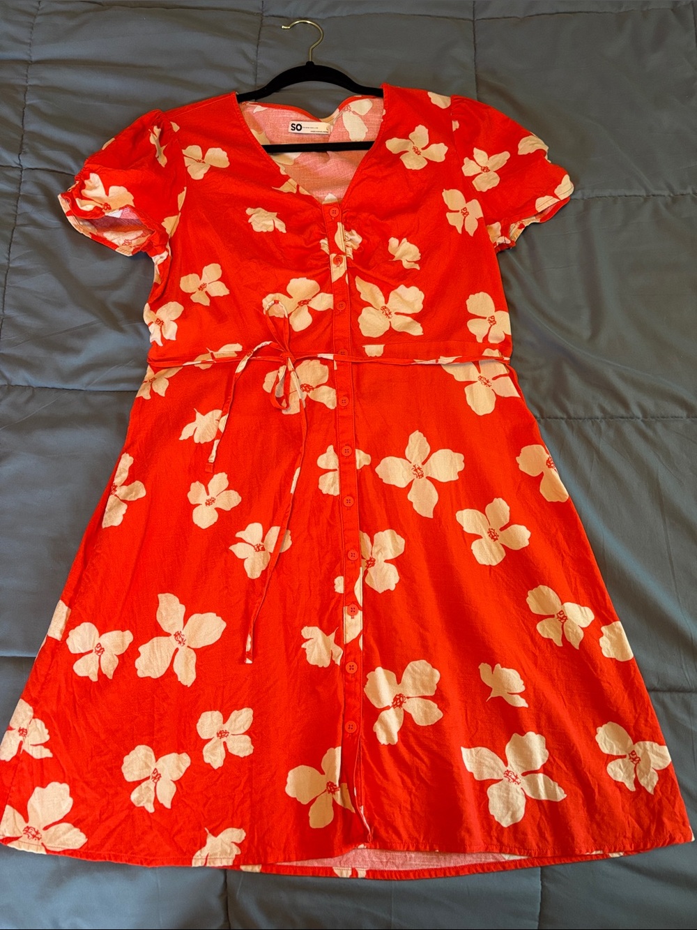 SO Orange Floral Button-Front Tie-Waist Dress - Picture 5 of 8